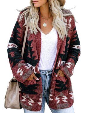 Boho Aztec Open Front Cardigan | Loose Slouchy Sweater | Tribal Long Sleeve Coat